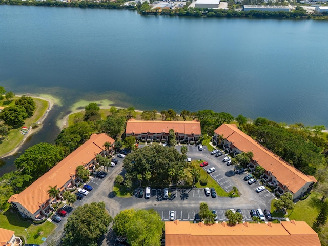 drone / aerial view with a water view