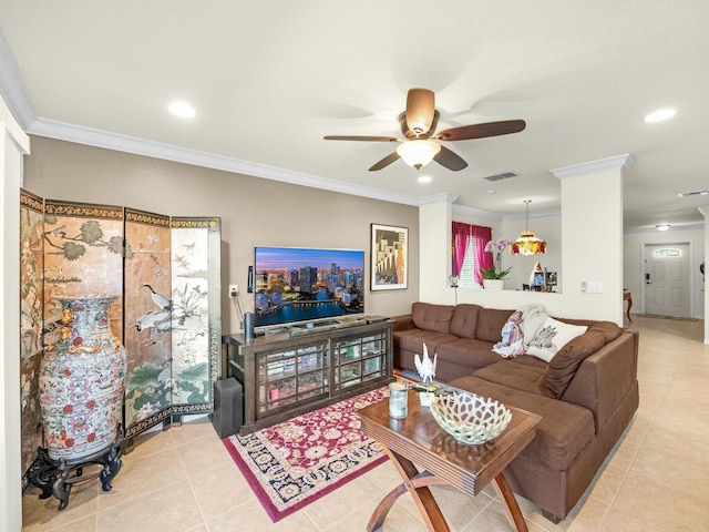 living area featuring recessed lighting, visible vents, ornamental molding, and a ceiling fan