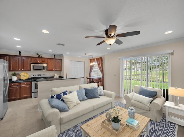 2185 SW Rockport Rd, Port Saint Lucie, FL 34953 - living room featuring ceiling fan, visible vents, and recessed lighting