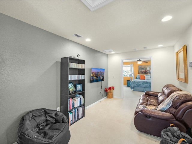 living room featuring visible vents, recessed lighting, carpet, and baseboards