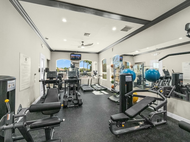 2185 SW Rockport Rd, Port Saint Lucie, FL 34953 - gym with ceiling fan, ornamental molding, visible vents, and a healthy amount of sunlight