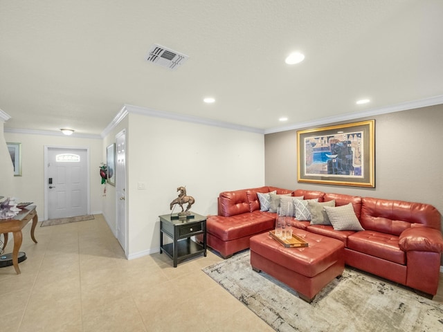 living area with recessed lighting, visible vents, and ornamental molding