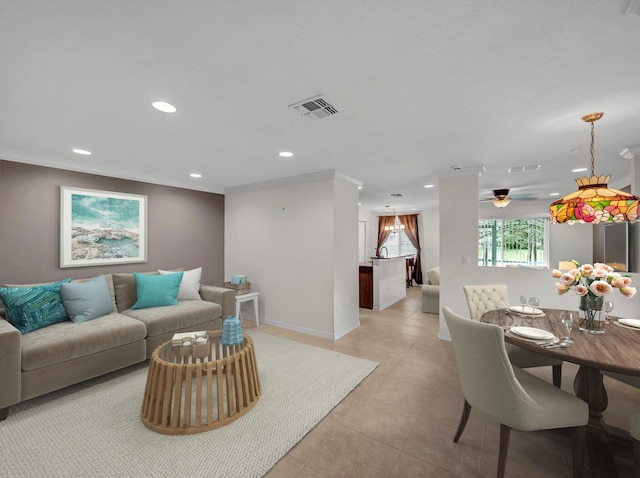 2185 SW Rockport Rd, Port Saint Lucie, FL 34953 - living room featuring a ceiling fan, light tile patterned flooring, visible vents, and recessed lighting