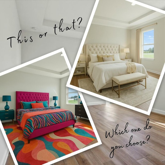 bedroom with a tray ceiling, wood finished floors, baseboards, and multiple windows