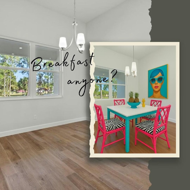 dining room featuring wood finished floors, baseboards, and a notable chandelier