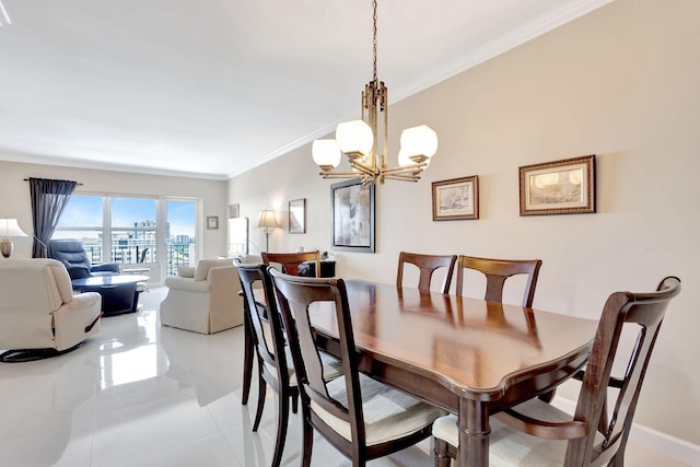 dining room featuring crown molding, baseboards, a city view, light tile patterned floors, and a notable chandelier