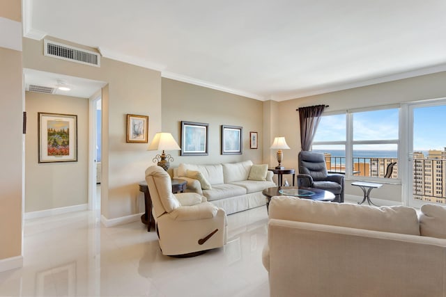 living room with light tile patterned flooring, visible vents, crown molding, and baseboards