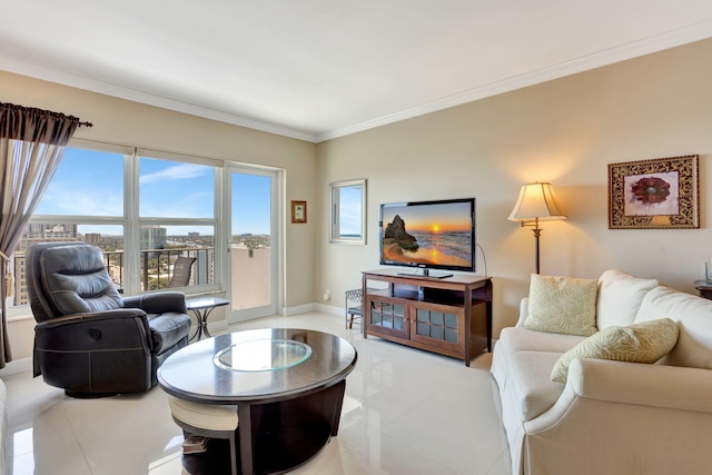 living room featuring tile patterned floors, baseboards, and ornamental molding