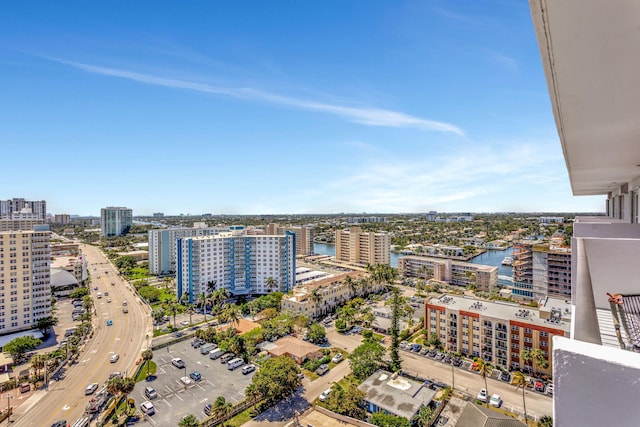 bird's eye view with a water view and a view of city