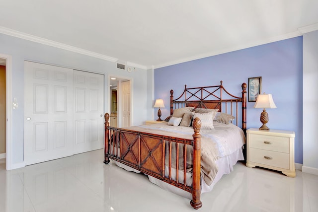 bedroom with tile patterned floors, visible vents, crown molding, and baseboards