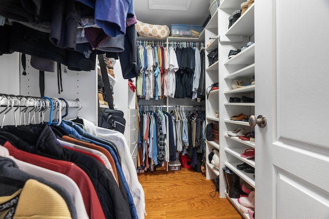 spacious closet featuring attic access and wood finished floors