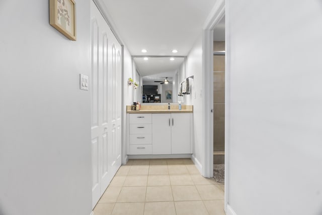 bathroom featuring tile patterned floors, vanity, ceiling fan, and recessed lighting