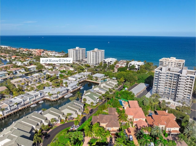 aerial view featuring a water view and a residential view