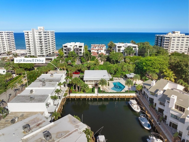 drone / aerial view featuring a water view