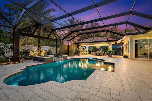 view of pool with a patio area, an outdoor hangout area, and a pool with connected hot tub