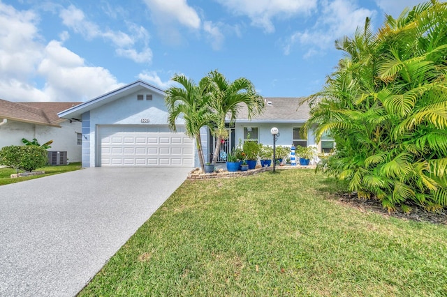 single story home with a front lawn, central AC unit, stucco siding, driveway, and an attached garage