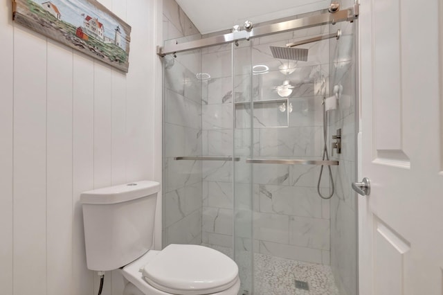 bathroom with toilet and a stall shower