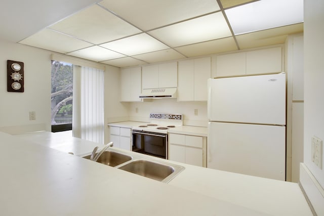 kitchen featuring under cabinet range hood, white appliances, white cabinetry, a paneled ceiling, and a sink