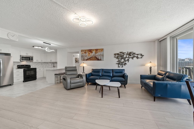 living area featuring light wood-style flooring and a textured ceiling
