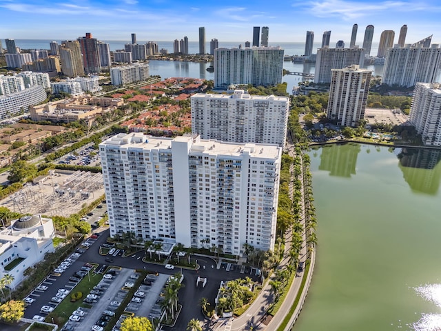 birds eye view of property with a city view and a water view