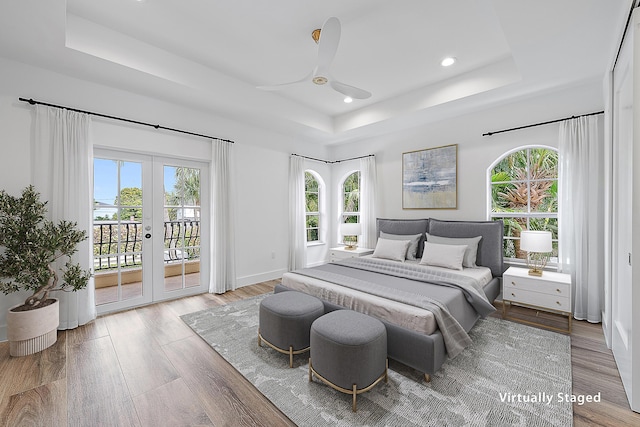 bedroom with a tray ceiling, multiple windows, and access to exterior