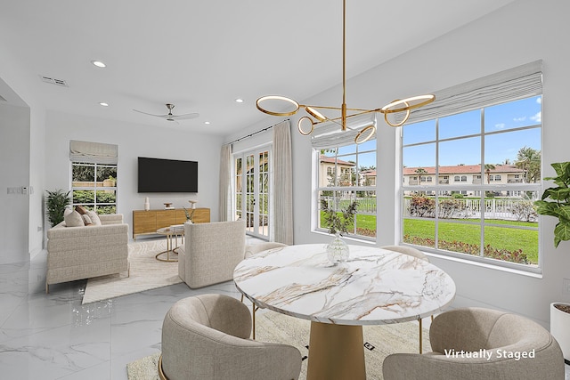 dining space with visible vents, plenty of natural light, recessed lighting, and marble finish floor