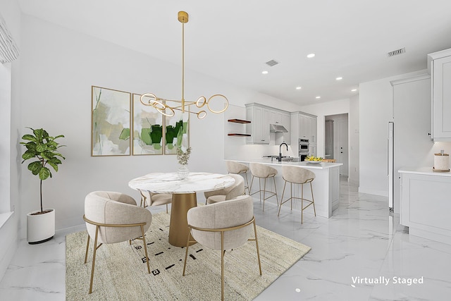 dining space with recessed lighting, visible vents, baseboards, and marble finish floor