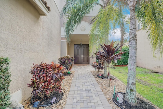 view of exterior entry with stucco siding