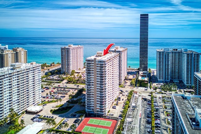 bird's eye view with a view of city and a water view