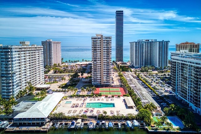 aerial view with a view of city and a water view