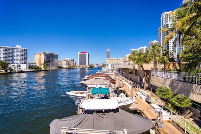 water view with a city view and a dock