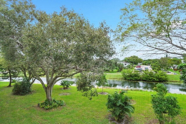 view of home's community featuring a water view and a lawn