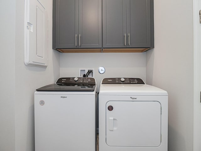 laundry area featuring washer and dryer, cabinet space, and electric panel