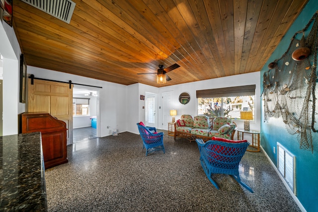 living room featuring visible vents, a barn door, wooden ceiling, and a ceiling fan