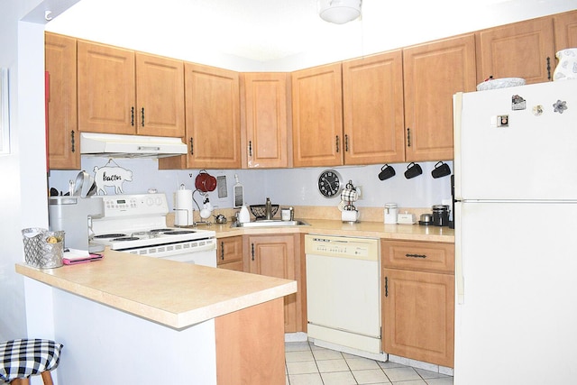 kitchen featuring white appliances, a peninsula, a sink, light countertops, and under cabinet range hood