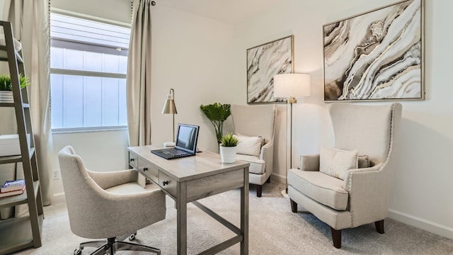 home office with light colored carpet and baseboards