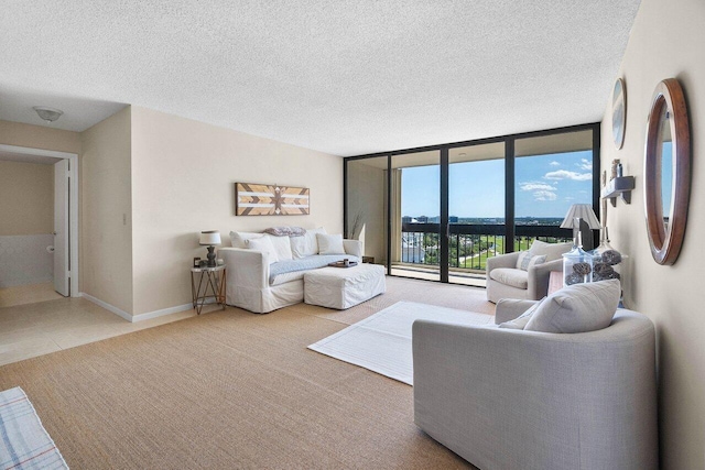 carpeted living area featuring floor to ceiling windows, a textured ceiling, and baseboards