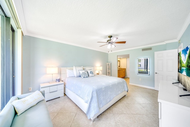 bedroom featuring crown molding, light tile patterned floors, baseboards, and visible vents