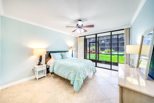 bedroom featuring access to outside, a textured ceiling, floor to ceiling windows, crown molding, and light tile patterned floors