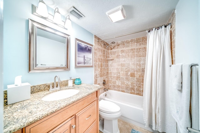 full bath with vanity, shower / bathtub combination with curtain, visible vents, a textured ceiling, and toilet