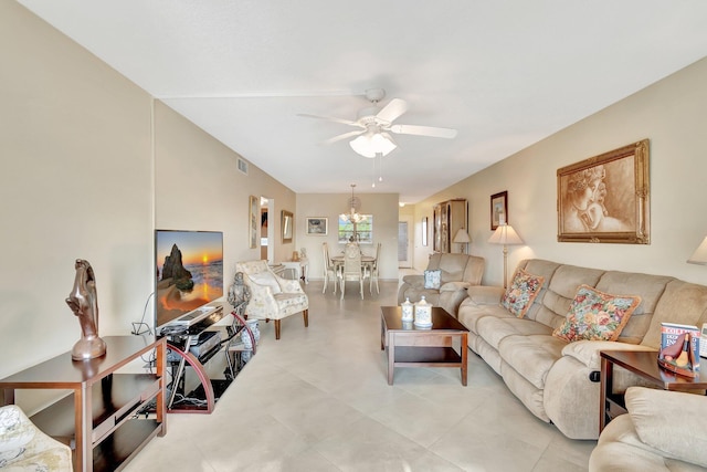 living area featuring visible vents and a ceiling fan