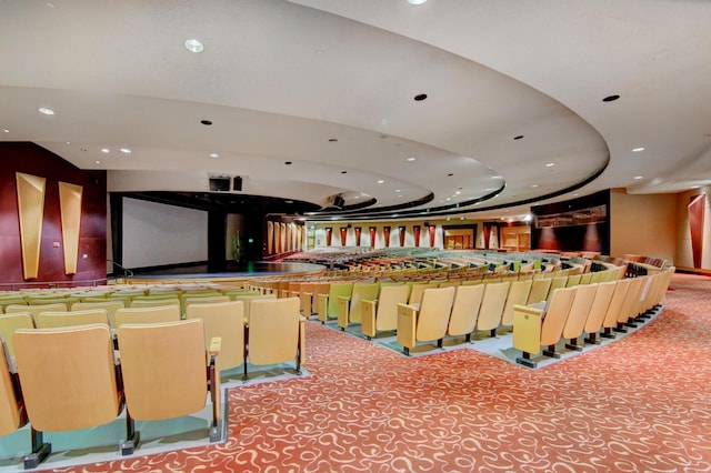 carpeted home theater with recessed lighting