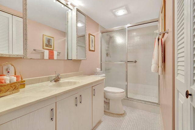 full bath with tile patterned floors, vanity, toilet, and a shower stall