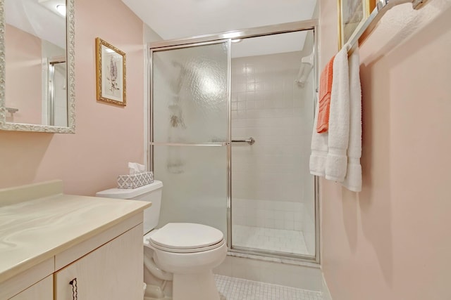 full bath featuring tile patterned flooring, toilet, vanity, and a stall shower