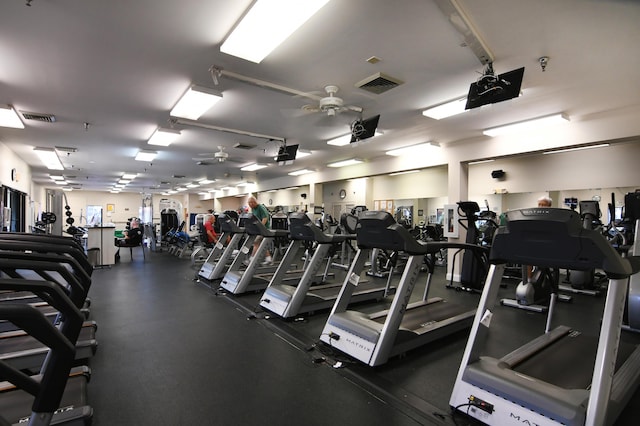 gym featuring visible vents and a ceiling fan