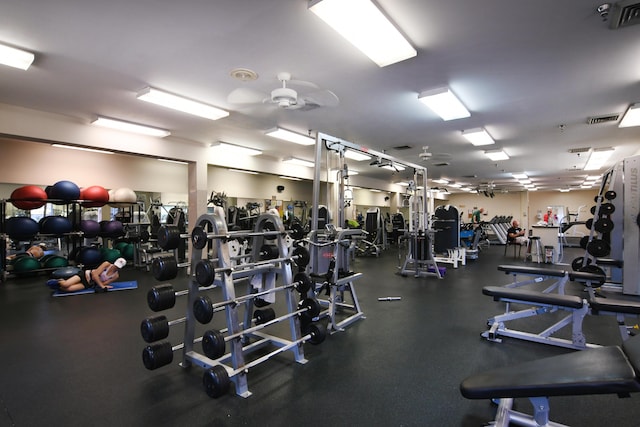 workout area featuring visible vents and ceiling fan