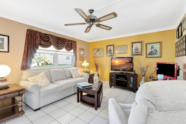 living area featuring light tile patterned floors and ceiling fan