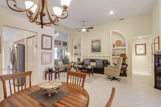 dining space featuring light tile patterned floors, built in features, recessed lighting, and visible vents