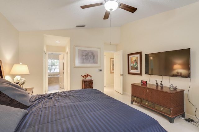 bedroom with visible vents, connected bathroom, baseboards, lofted ceiling, and ceiling fan