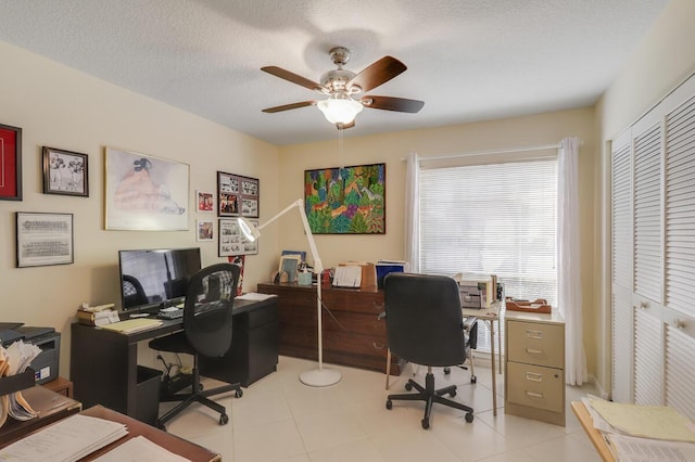 home office featuring a textured ceiling and ceiling fan